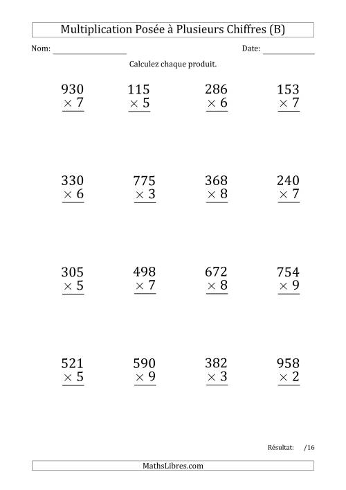 Multiplication d'un Nombre à 3 Chiffres par un Nombre à 1 Chiffre (Gros Caractère) avec un Point comme Séparateur de Milliers (B)