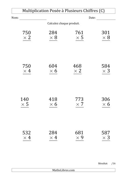Multiplication d'un Nombre à 3 Chiffres par un Nombre à 1 Chiffre (Gros Caractère) avec un Point comme Séparateur de Milliers (C)