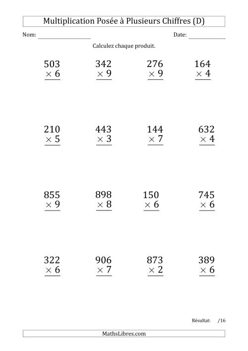 Multiplication d'un Nombre à 3 Chiffres par un Nombre à 1 Chiffre (Gros Caractère) avec un Point comme Séparateur de Milliers (D)