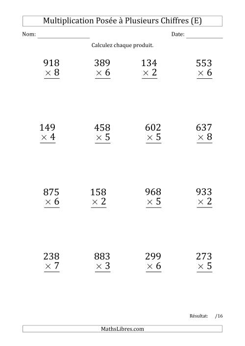 Multiplication d'un Nombre à 3 Chiffres par un Nombre à 1 Chiffre (Gros Caractère) avec un Point comme Séparateur de Milliers (E)
