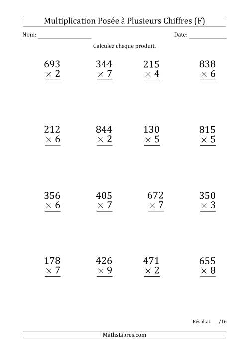 Multiplication d'un Nombre à 3 Chiffres par un Nombre à 1 Chiffre (Gros Caractère) avec un Point comme Séparateur de Milliers (F)
