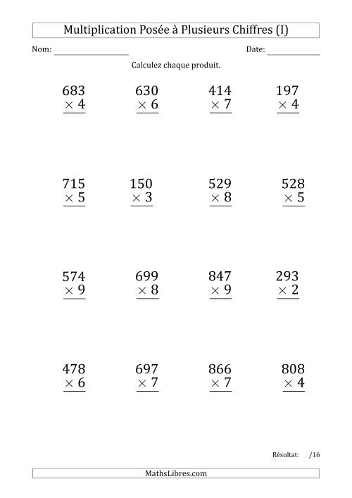 Multiplication d'un Nombre à 3 Chiffres par un Nombre à 1 Chiffre (Gros Caractère) avec un Point comme Séparateur de Milliers (I)