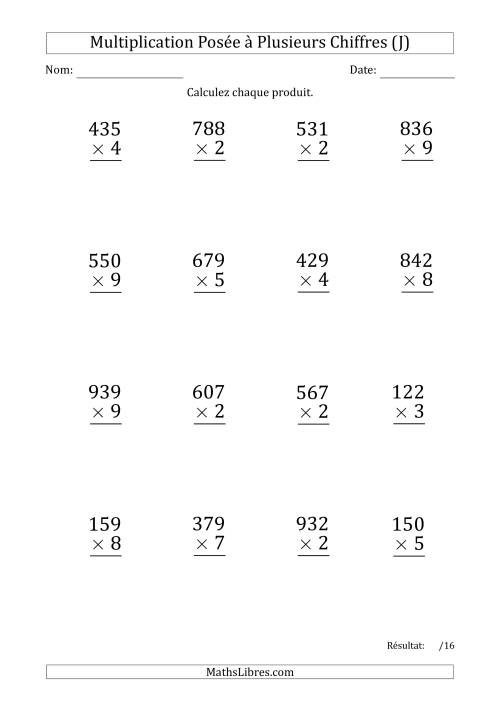 Multiplication d'un Nombre à 3 Chiffres par un Nombre à 1 Chiffre (Gros Caractère) avec un Point comme Séparateur de Milliers (J)