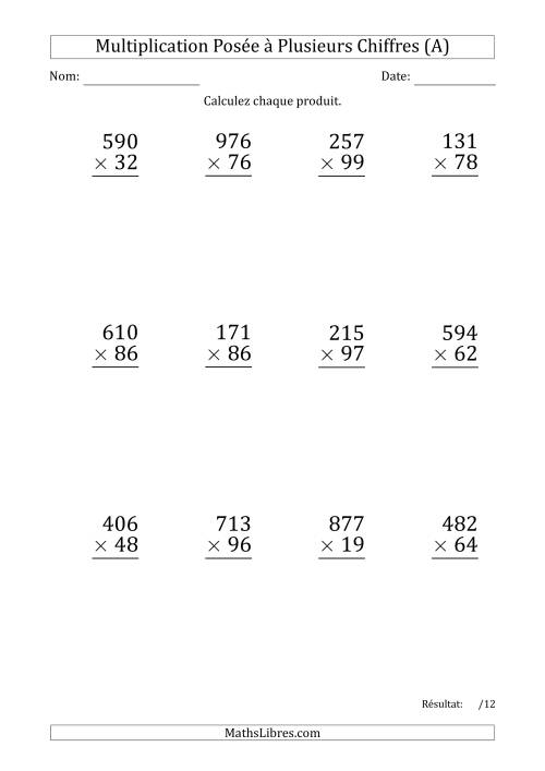 Multiplication d'un Nombre à 3 Chiffres par un Nombre à 2 Chiffres (Gros Caractère) avec un Point comme Séparateur de Milliers (A)