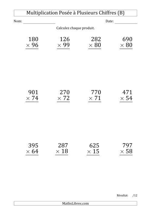 Multiplication d'un Nombre à 3 Chiffres par un Nombre à 2 Chiffres (Gros Caractère) avec un Point comme Séparateur de Milliers (B)