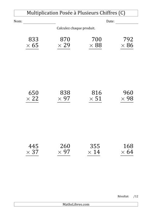 Multiplication d'un Nombre à 3 Chiffres par un Nombre à 2 Chiffres (Gros Caractère) avec un Point comme Séparateur de Milliers (C)