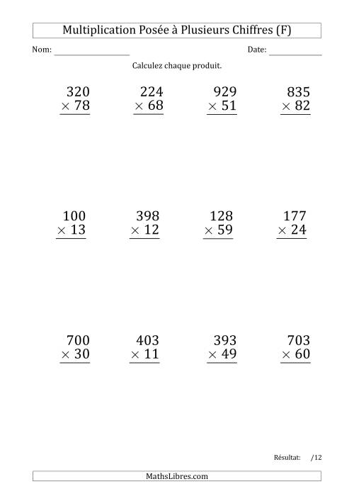 Multiplication d'un Nombre à 3 Chiffres par un Nombre à 2 Chiffres (Gros Caractère) avec un Point comme Séparateur de Milliers (F)