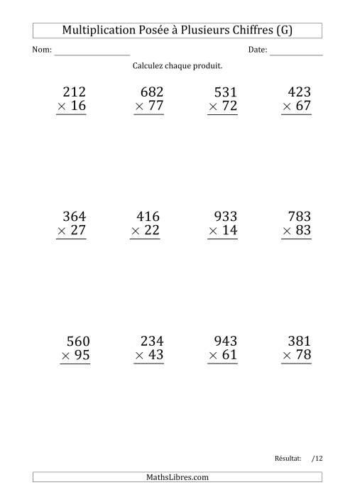 Multiplication d'un Nombre à 3 Chiffres par un Nombre à 2 Chiffres (Gros Caractère) avec un Point comme Séparateur de Milliers (G)
