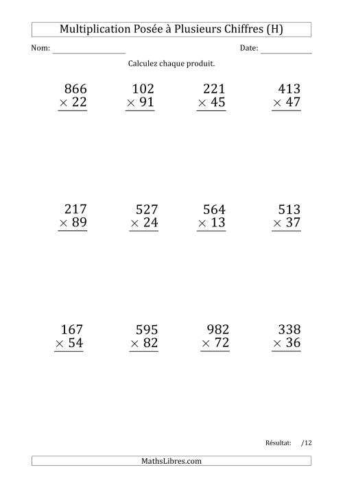 Multiplication d'un Nombre à 3 Chiffres par un Nombre à 2 Chiffres (Gros Caractère) avec un Point comme Séparateur de Milliers (H)