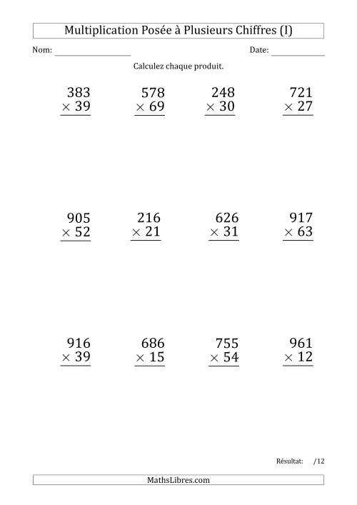 Multiplication d'un Nombre à 3 Chiffres par un Nombre à 2 Chiffres (Gros Caractère) avec un Point comme Séparateur de Milliers (I)