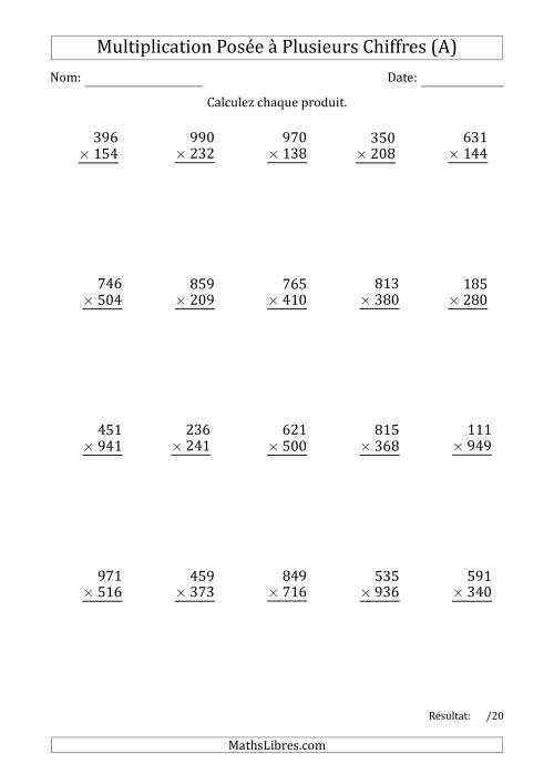 Multiplication d'un Nombre à 3 Chiffres par un Nombre à 3 Chiffres avec un Point comme Séparateur de Milliers (A)