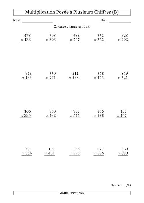Multiplication d'un Nombre à 3 Chiffres par un Nombre à 3 Chiffres avec un Point comme Séparateur de Milliers (B)