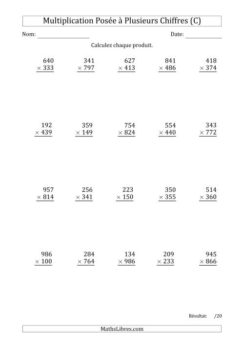 Multiplication d'un Nombre à 3 Chiffres par un Nombre à 3 Chiffres avec un Point comme Séparateur de Milliers (C)