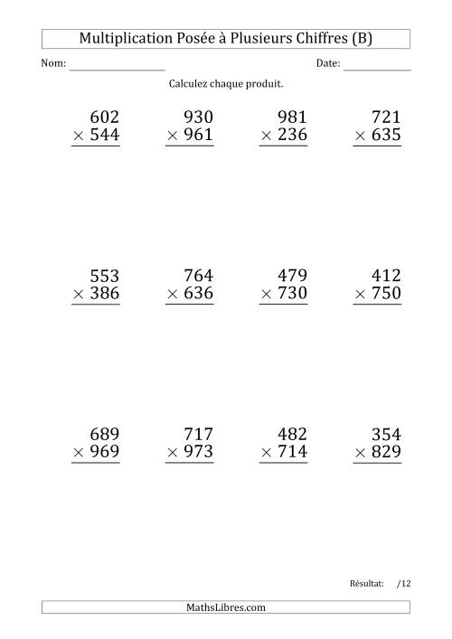 Multiplication d'un Nombre à 3 Chiffres par un Nombre à 3 Chiffres (Gros Caractère) avec un Point comme Séparateur de Milliers (B)