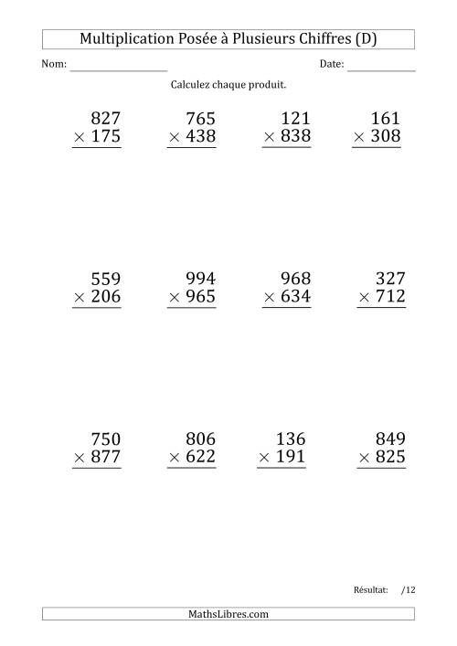 Multiplication d'un Nombre à 3 Chiffres par un Nombre à 3 Chiffres (Gros Caractère) avec un Point comme Séparateur de Milliers (D)