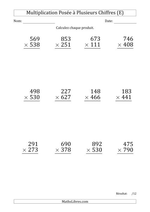 Multiplication d'un Nombre à 3 Chiffres par un Nombre à 3 Chiffres (Gros Caractère) avec un Point comme Séparateur de Milliers (E)