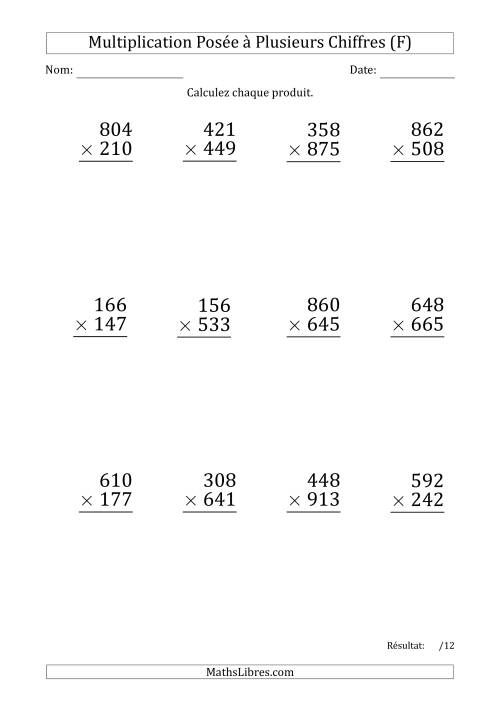 Multiplication d'un Nombre à 3 Chiffres par un Nombre à 3 Chiffres (Gros Caractère) avec un Point comme Séparateur de Milliers (F)
