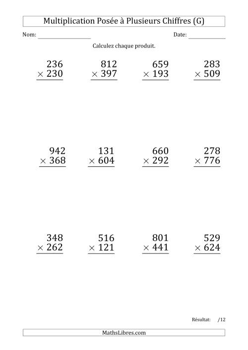 Multiplication d'un Nombre à 3 Chiffres par un Nombre à 3 Chiffres (Gros Caractère) avec un Point comme Séparateur de Milliers (G)