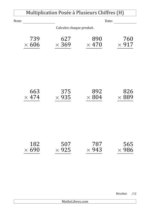 Multiplication d'un Nombre à 3 Chiffres par un Nombre à 3 Chiffres (Gros Caractère) avec un Point comme Séparateur de Milliers (H)