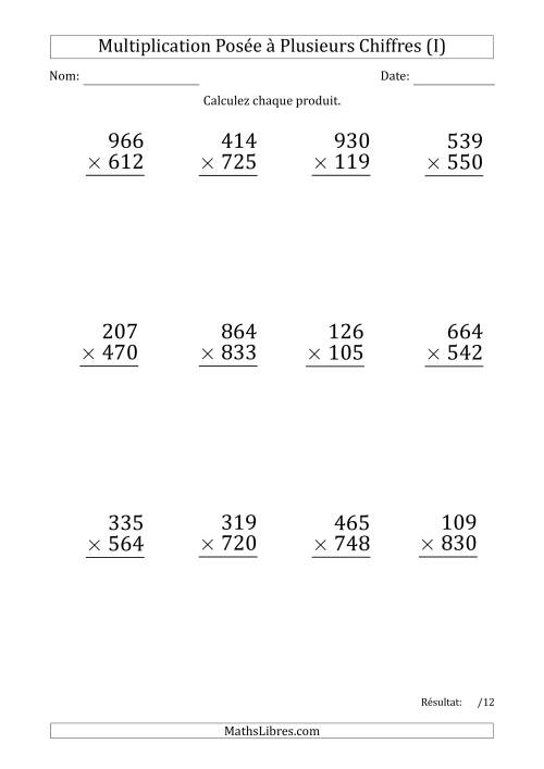 Multiplication d'un Nombre à 3 Chiffres par un Nombre à 3 Chiffres (Gros Caractère) avec un Point comme Séparateur de Milliers (I)