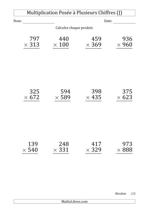 Multiplication d'un Nombre à 3 Chiffres par un Nombre à 3 Chiffres (Gros Caractère) avec un Point comme Séparateur de Milliers (J)