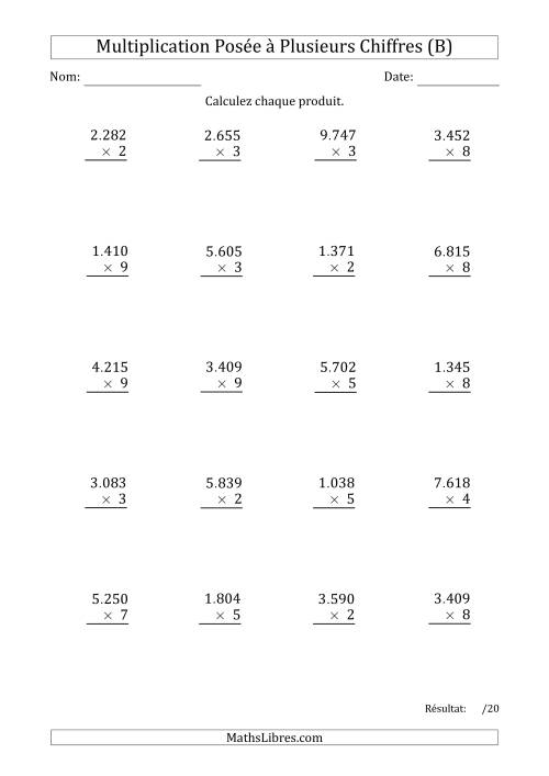 Multiplication d'un Nombre à 4 Chiffres par un Nombre à 1 Chiffre avec un Point comme Séparateur de Milliers (B)