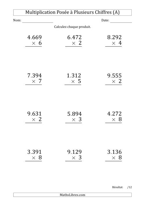 Multiplication d'un Nombre à 4 Chiffres par un Nombre à 1 Chiffre (Gros Caractère) avec un Point comme Séparateur de Milliers (A)