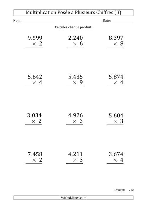 Multiplication d'un Nombre à 4 Chiffres par un Nombre à 1 Chiffre (Gros Caractère) avec un Point comme Séparateur de Milliers (B)
