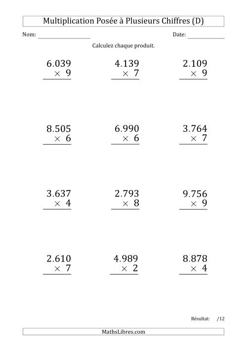 Multiplication d'un Nombre à 4 Chiffres par un Nombre à 1 Chiffre (Gros Caractère) avec un Point comme Séparateur de Milliers (D)