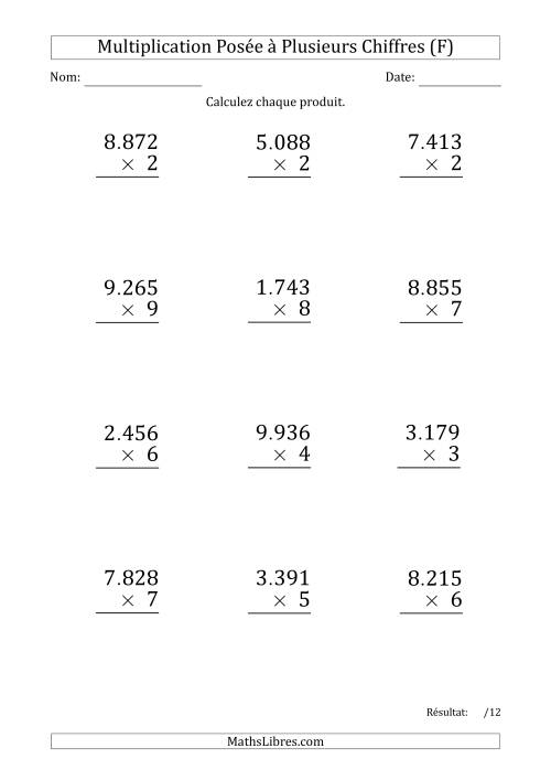 Multiplication d'un Nombre à 4 Chiffres par un Nombre à 1 Chiffre (Gros Caractère) avec un Point comme Séparateur de Milliers (F)