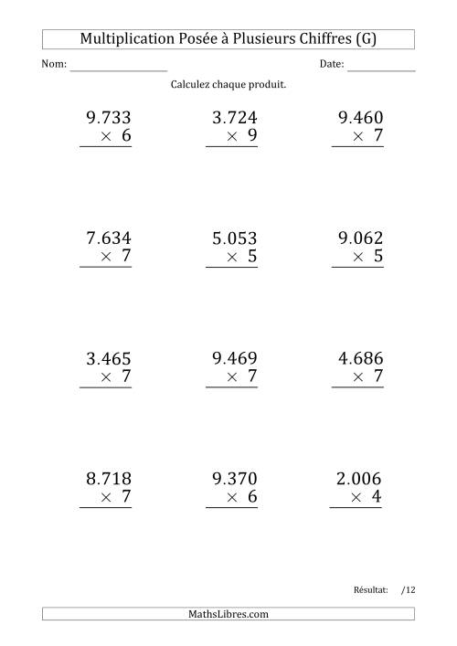 Multiplication d'un Nombre à 4 Chiffres par un Nombre à 1 Chiffre (Gros Caractère) avec un Point comme Séparateur de Milliers (G)
