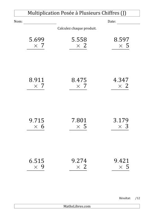 Multiplication d'un Nombre à 4 Chiffres par un Nombre à 1 Chiffre (Gros Caractère) avec un Point comme Séparateur de Milliers (J)