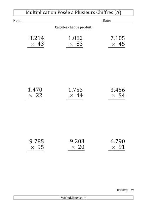 Multiplication d'un Nombre à 4 Chiffres par un Nombre à 2 Chiffres (Gros Caractère) avec un Point comme Séparateur de Milliers (A)