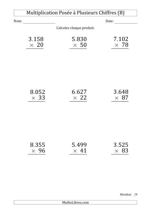 Multiplication d'un Nombre à 4 Chiffres par un Nombre à 2 Chiffres (Gros Caractère) avec un Point comme Séparateur de Milliers (B)