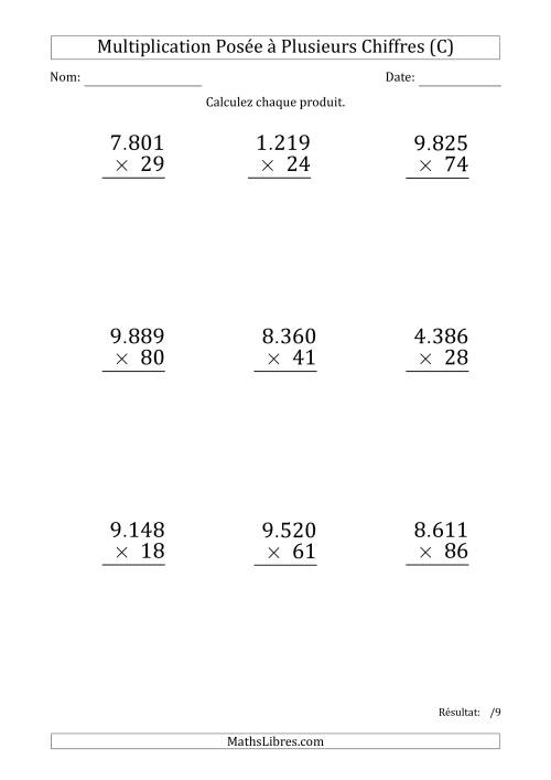 Multiplication d'un Nombre à 4 Chiffres par un Nombre à 2 Chiffres (Gros Caractère) avec un Point comme Séparateur de Milliers (C)
