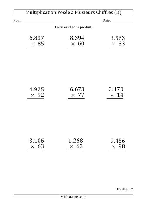Multiplication d'un Nombre à 4 Chiffres par un Nombre à 2 Chiffres (Gros Caractère) avec un Point comme Séparateur de Milliers (D)