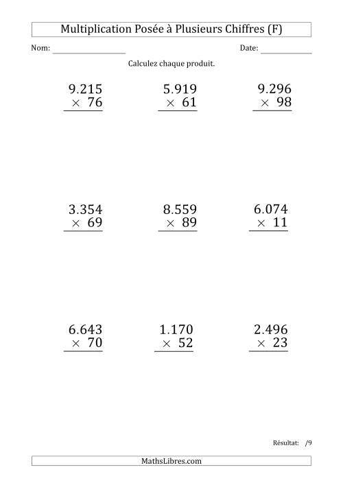 Multiplication d'un Nombre à 4 Chiffres par un Nombre à 2 Chiffres (Gros Caractère) avec un Point comme Séparateur de Milliers (F)