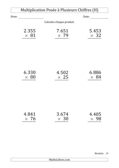 Multiplication d'un Nombre à 4 Chiffres par un Nombre à 2 Chiffres (Gros Caractère) avec un Point comme Séparateur de Milliers (H)