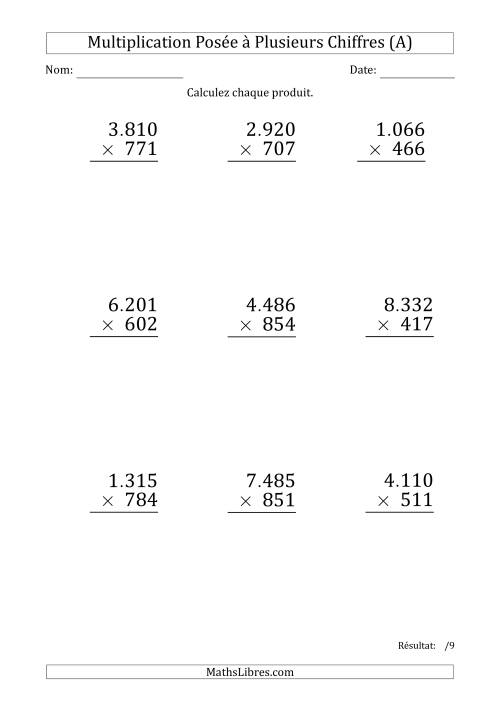 Multiplication d'un Nombre à 4 Chiffres par un Nombre à 3 Chiffres (Gros Caractère) avec un Point comme Séparateur de Milliers (A)