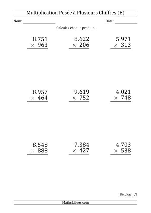 Multiplication d'un Nombre à 4 Chiffres par un Nombre à 3 Chiffres (Gros Caractère) avec un Point comme Séparateur de Milliers (B)