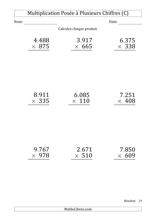 Multiplication d'un Nombre à 4 Chiffres par un Nombre à 3 Chiffres (Gros Caractère) avec un Point comme Séparateur de Milliers (C)