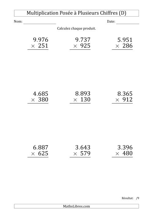 Multiplication d'un Nombre à 4 Chiffres par un Nombre à 3 Chiffres (Gros Caractère) avec un Point comme Séparateur de Milliers (D)