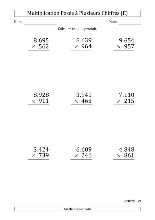 Multiplication d'un Nombre à 4 Chiffres par un Nombre à 3 Chiffres (Gros Caractère) avec un Point comme Séparateur de Milliers (E)