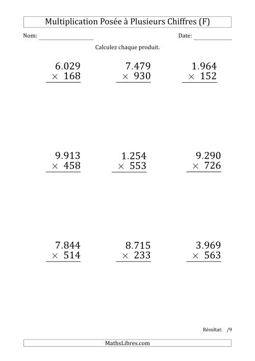 Multiplication d'un Nombre à 4 Chiffres par un Nombre à 3 Chiffres (Gros Caractère) avec un Point comme Séparateur de Milliers (F)