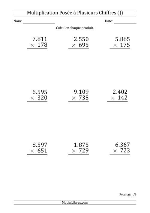 Multiplication d'un Nombre à 4 Chiffres par un Nombre à 3 Chiffres (Gros Caractère) avec un Point comme Séparateur de Milliers (J)