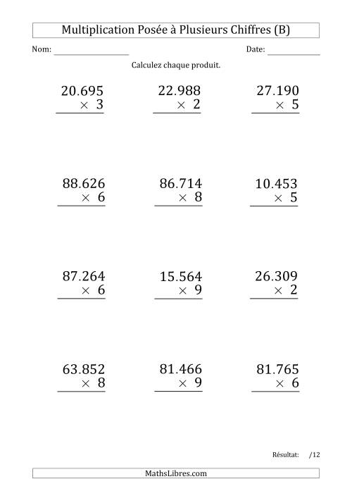 Multiplication d'un Nombre à 5 Chiffres par un Nombre à 1 Chiffre (Gros Caractère) avec un Point comme Séparateur de Milliers (B)