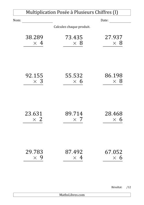 Multiplication d'un Nombre à 5 Chiffres par un Nombre à 1 Chiffre (Gros Caractère) avec un Point comme Séparateur de Milliers (I)