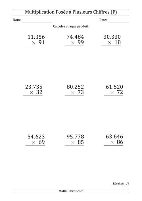 Multiplication d'un Nombre à 5 Chiffres par un Nombre à 2 Chiffres (Gros Caractère) avec un Point comme Séparateur de Milliers (F)