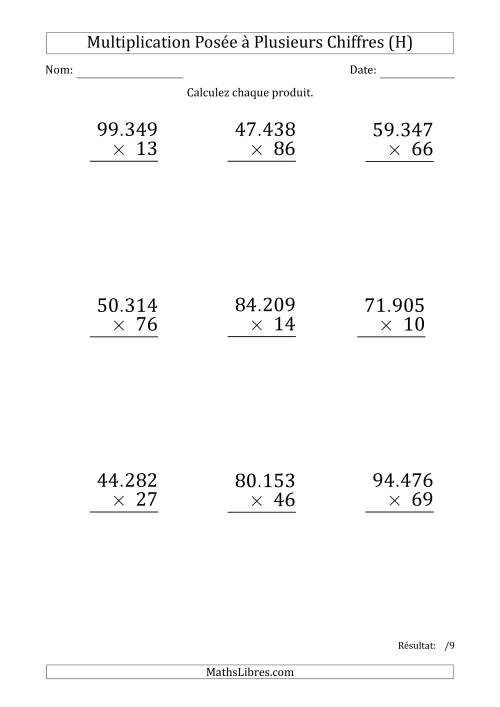 Multiplication d'un Nombre à 5 Chiffres par un Nombre à 2 Chiffres (Gros Caractère) avec un Point comme Séparateur de Milliers (H)