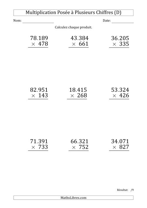 Multiplication d'un Nombre à 5 Chiffres par un Nombre à 3 Chiffres (Gros Caractère) avec un Point comme Séparateur de Milliers (D)